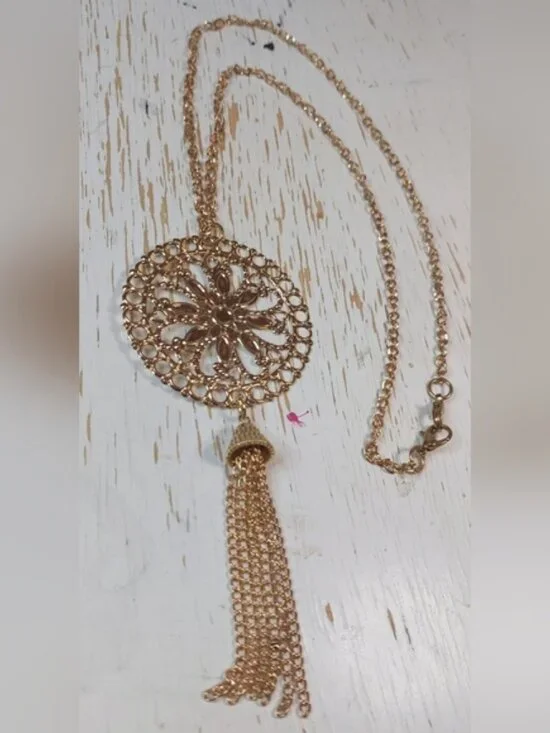 Single Gold Chain Long Necklace with Gold Sun Medallion Pendant & Tassel - Picture 3 of 4